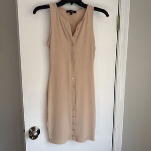 Lulus Simpli-CityLife Model, Beige, Ribbed Button Up Tank Dress